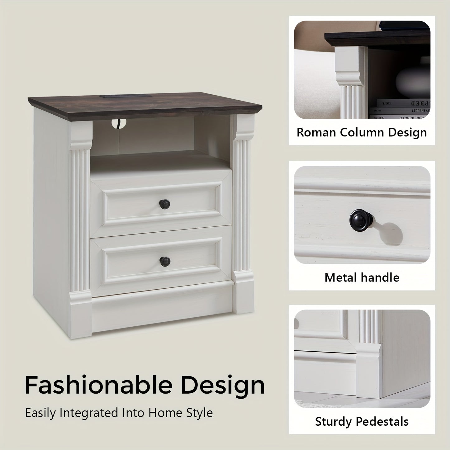Set of Two 26-Inch Tall Farmhouse Nightstands Featuring Two Drawers And a Charging Station, a Large 23.6-Inch Wide Side Table with a Roman Column Design, a Rustic Wooden Sofa Table with an Open Shelf, And a Bedside Table Suit