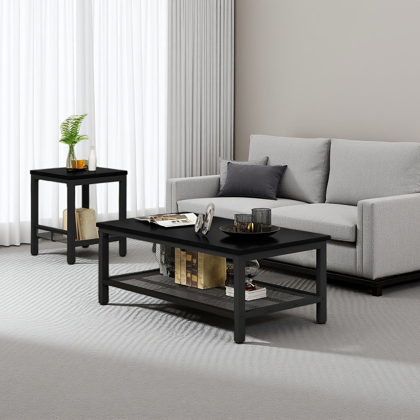 Industrial Coffee Table, Coffee Table Set Of 3 with 2 Square End Side Tables, Faux Marble Coffee Table with Metal Frame for Apartment Home Office, White Black