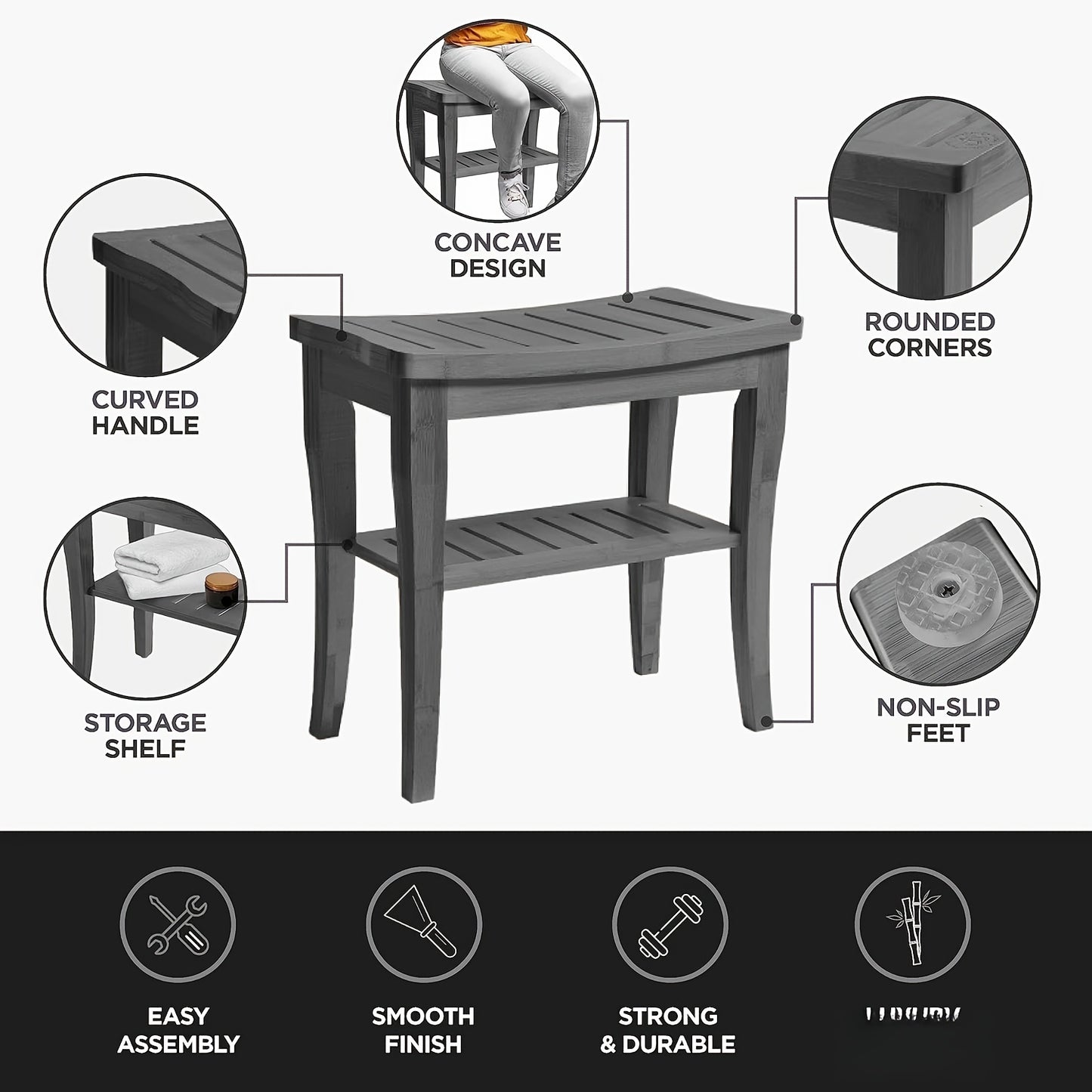 Foldable Bamboo Shower Bench with Storage Shelf & Non-Slip Seat - Sturdy Bathroom Stool with Curved Backrest-like Design, Moisture-Resistant for Indoor/Outdoor Use, Spa & Shower Decor, Space-Saving Foot Rest Shaving Stool (Gr