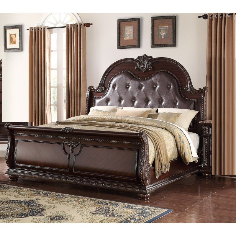 1pc Traditional Style Faux Leather Upholstered Headboard | Button Tufted, Antique Brown End, Formal Queen Sleigh Bed, Vintage Style