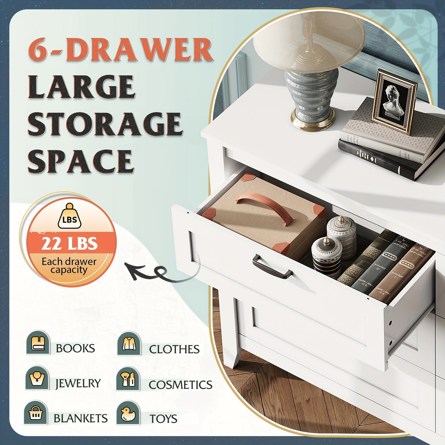 6 Drawer Dresser, Retro Chest Of Drawers with Metal Handle, Double Wood Dresser for Bedroom, Living Room, Large Storage Cabinet