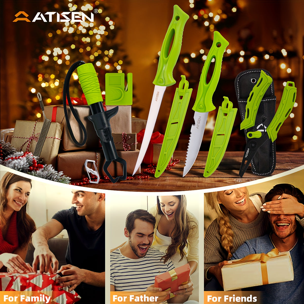 ATISEN 10/16pcs Professional Fishing Knife Set, Fish Angle Knife Set - for Filleting And Boning Fish, Dishwasher Safe - Filleting Knife, Road Runner Pliers, Fish Lip Gripper, Knife Sharpener, Retractable S-Buckle W/Harness Gi