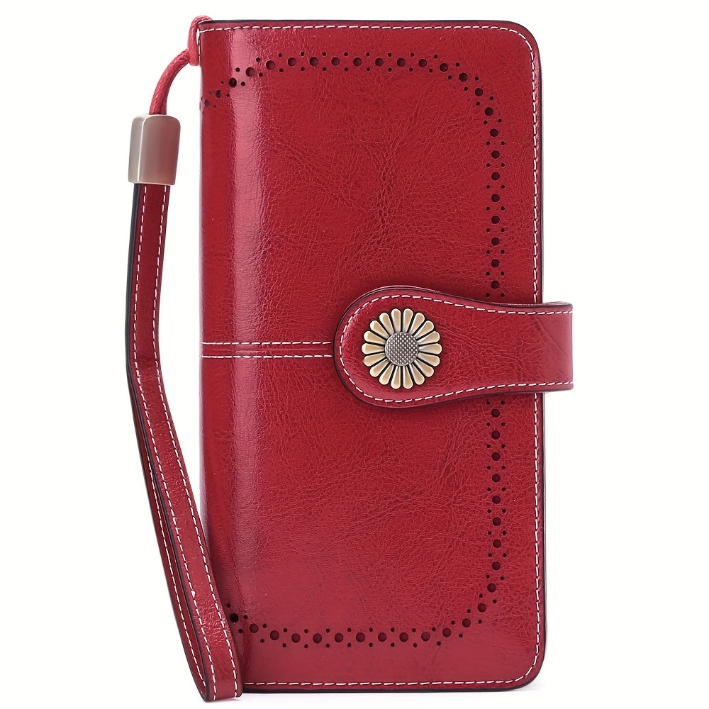 RFID Blocking Women's Genuine Leather Long Wallet with Sunflower Pattern - 24 Card Slots, Phone Pocket, ID Window & Zipper Wristlet, 2 Cash + 4 Receipt Compartments, Gift Box for Daily/Present Use