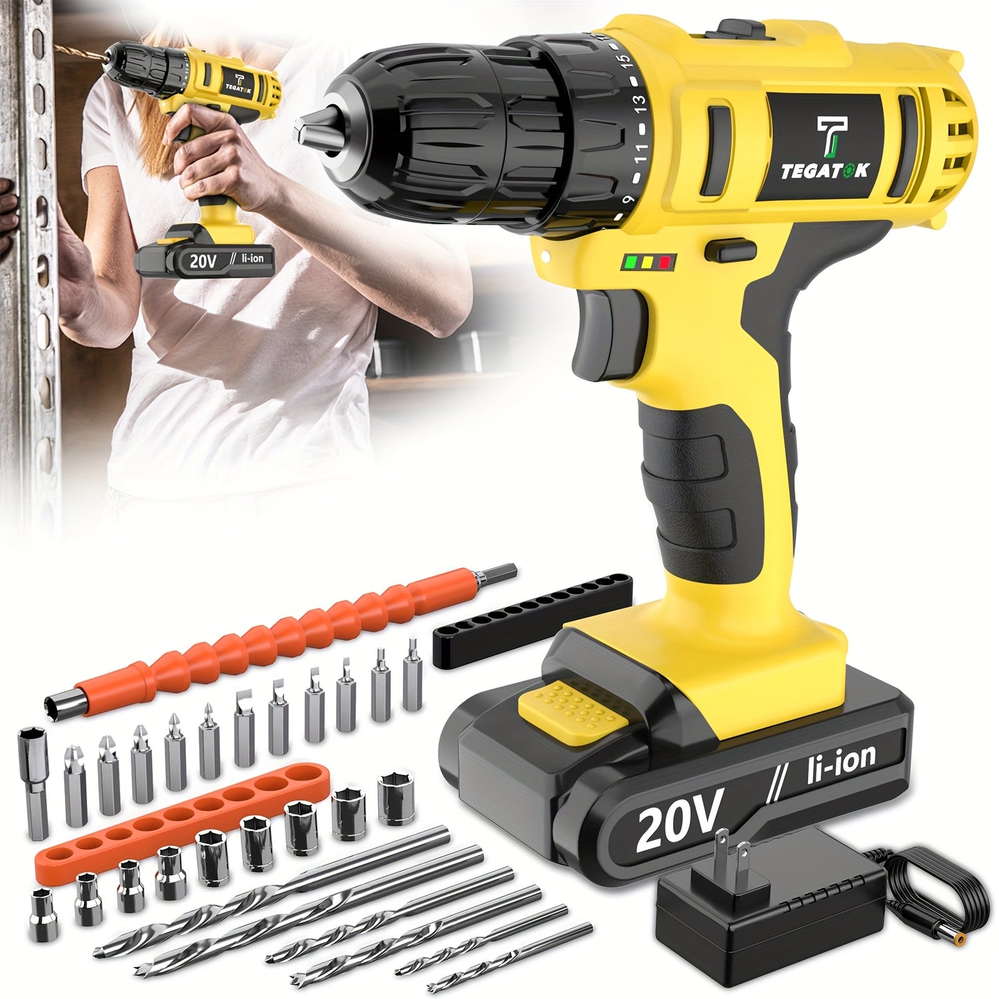 20V Cordless Drill Set, Impact Power Drill with 3/8 Inch Keyless Chuck, 18+3 Clutch Electric Drill with Work Light, Max Torque 45Nm, 2-Variable Speed & 2.0AH Batteries And Fast Charger, Bits Set And Box for, Home Repair, Gift