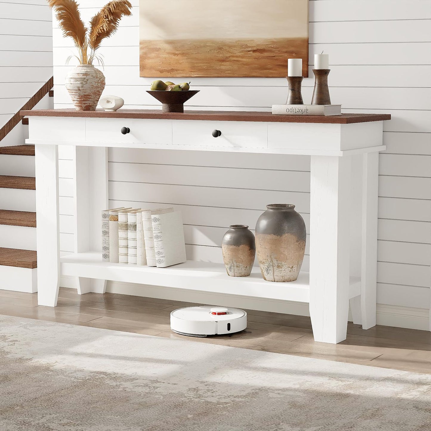 54-Inch Solid/ Console Table with Drawers & Open Shelf - Modern Farmhouse Sofa Table Suitable for Entryway, Hallway, Living Room, Foyer - Sturdy Rectangular Furniture with Ample Storage, Assembly Required for Narrow Spaces