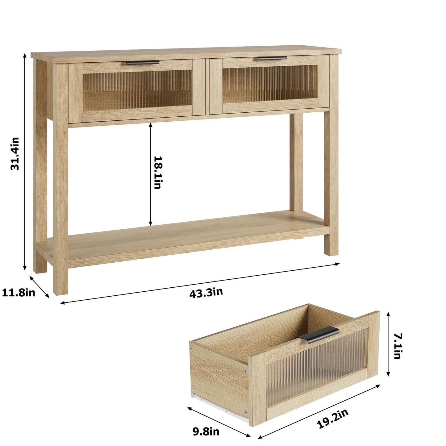 43-Inch Narrow Wood Console Table with Stylish Glass Drawers | 2-Tier Sofa and Entryway Table in Burlywood End, Perfect for Living Room, Bedroom, Hallway, Foyer Storage, Entryway Table | Classic Style, Hardwood Material, Asse