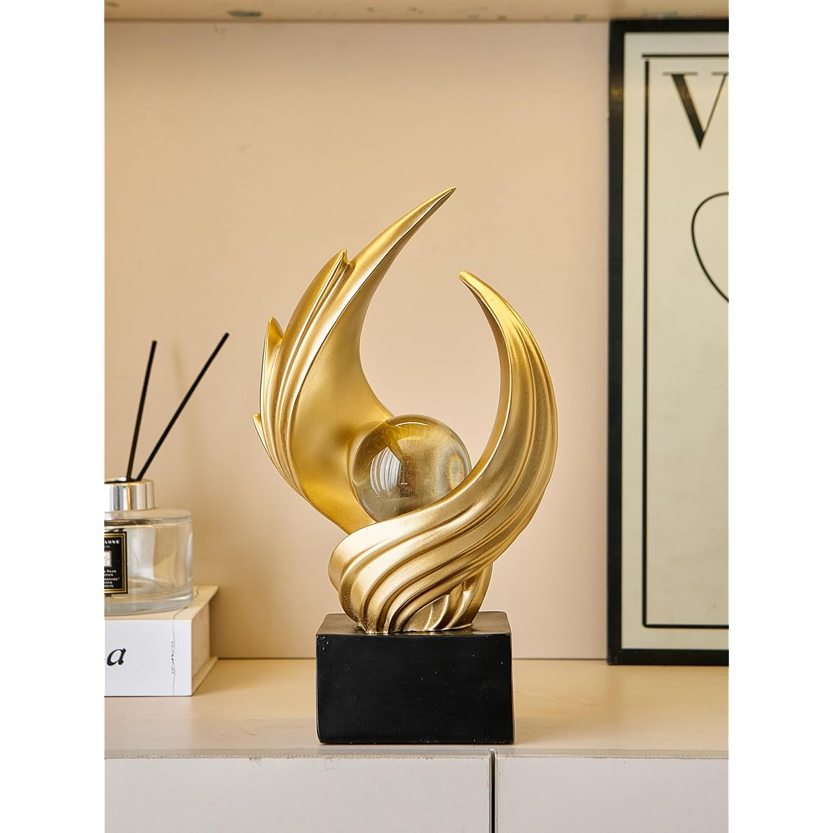 10.43in Tall Modern Abstract Golden Flame Sculpture Statue with Glass Ball Center - Luxury Resin Figurine for home Decor, Wedding Centerpiece, Tabletop or Bookshelf Display - Elegant Golden, Wedding & for hocal Art Piece