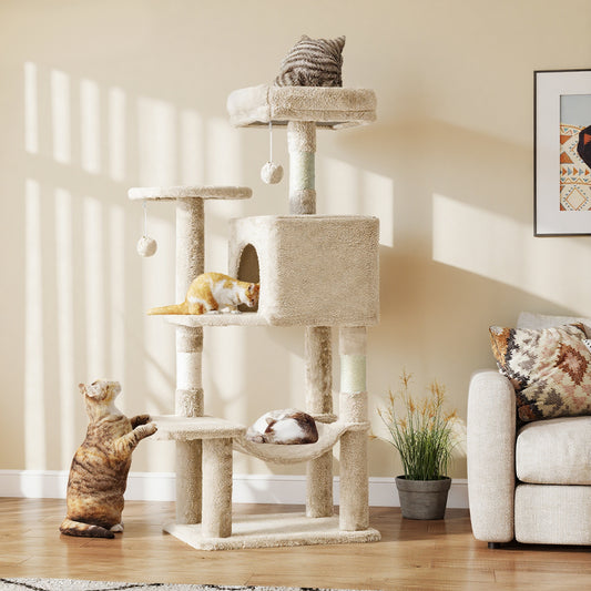 44/54 Inch Indoor Cat Tree, Cat Tower - Multi-Level Cat Condo Cat Furniture with Scratching Post, Hammock, Cave, Anti-Tilt Stable House Condo Pet Playhouse, Easy to Assemble, Perfect Gift for Indoor Kittens And Cats, Pet Home