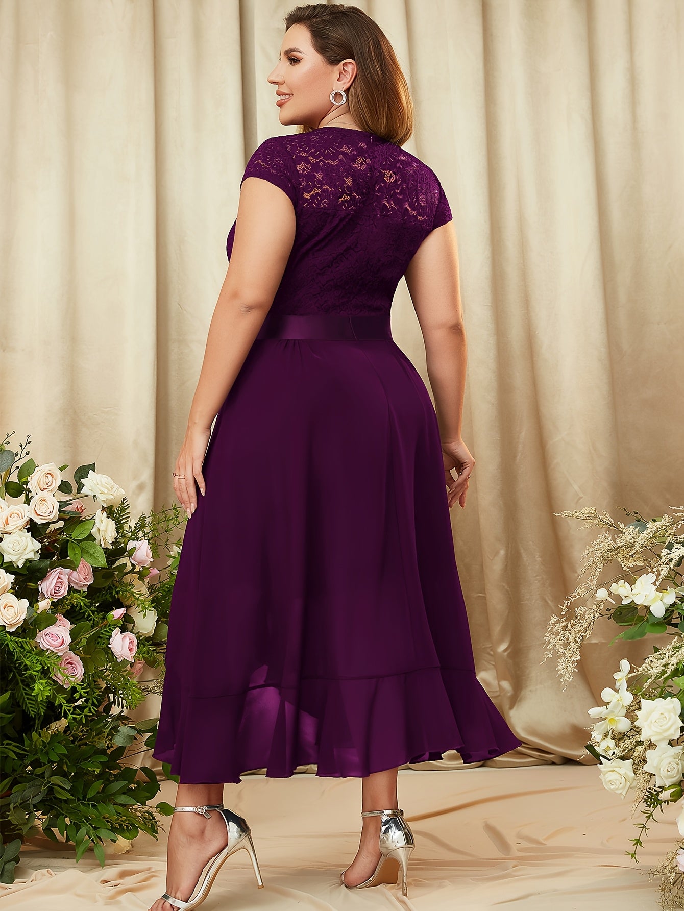 Plus Size, Women's Elegant Plus Size Bridesmaid Dress - Floor-Length Formal wedding gown with Ruffled Hem, A-Line Maxi dress in Deep Purple/, Machine Washable Chiffon for Prom, Evening Parties, Bridal Party - Structured Fit &