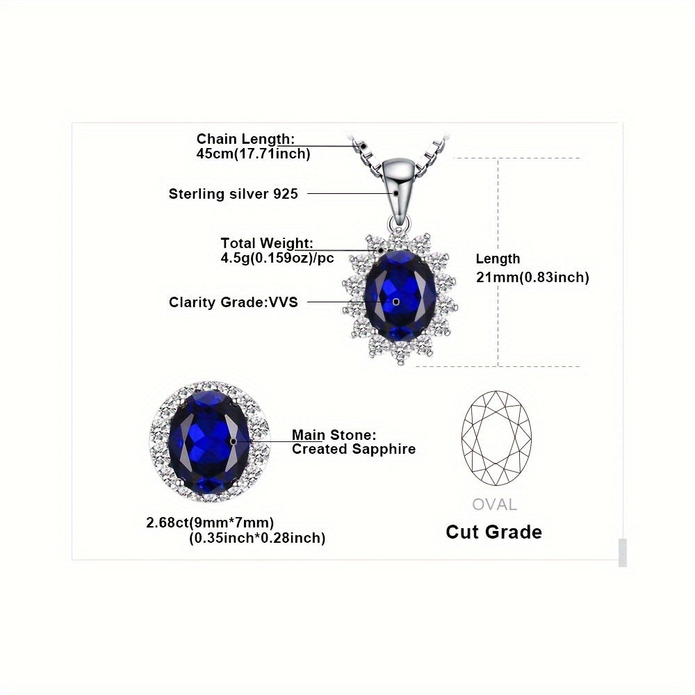 1pc 925 Sterling Silver Elegant And Glamorous Classic Design Exquisite Multi-faceted Oval Cut Created Blue Sapphire Birthstone Silvery Pendant Necklace For Women For Prom Party Banquet For Dating Gift Fine Jewelry