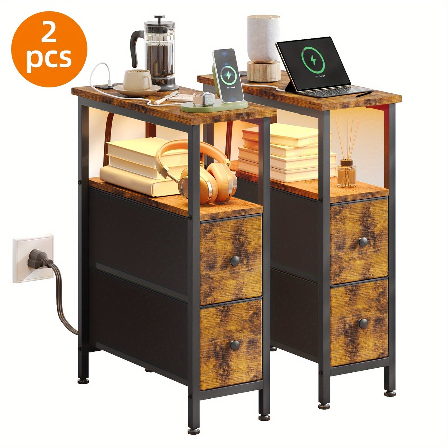 WHONLINE 1pc/2pcs Narrow Night Stand With Charging Station, End Table, Narrow Side Table With 1/2 Fabric Drawers, Skinny Nightstand With Storage, For Living Room, Small Spaces, School And Dormitory Storage, Brown And Black, F