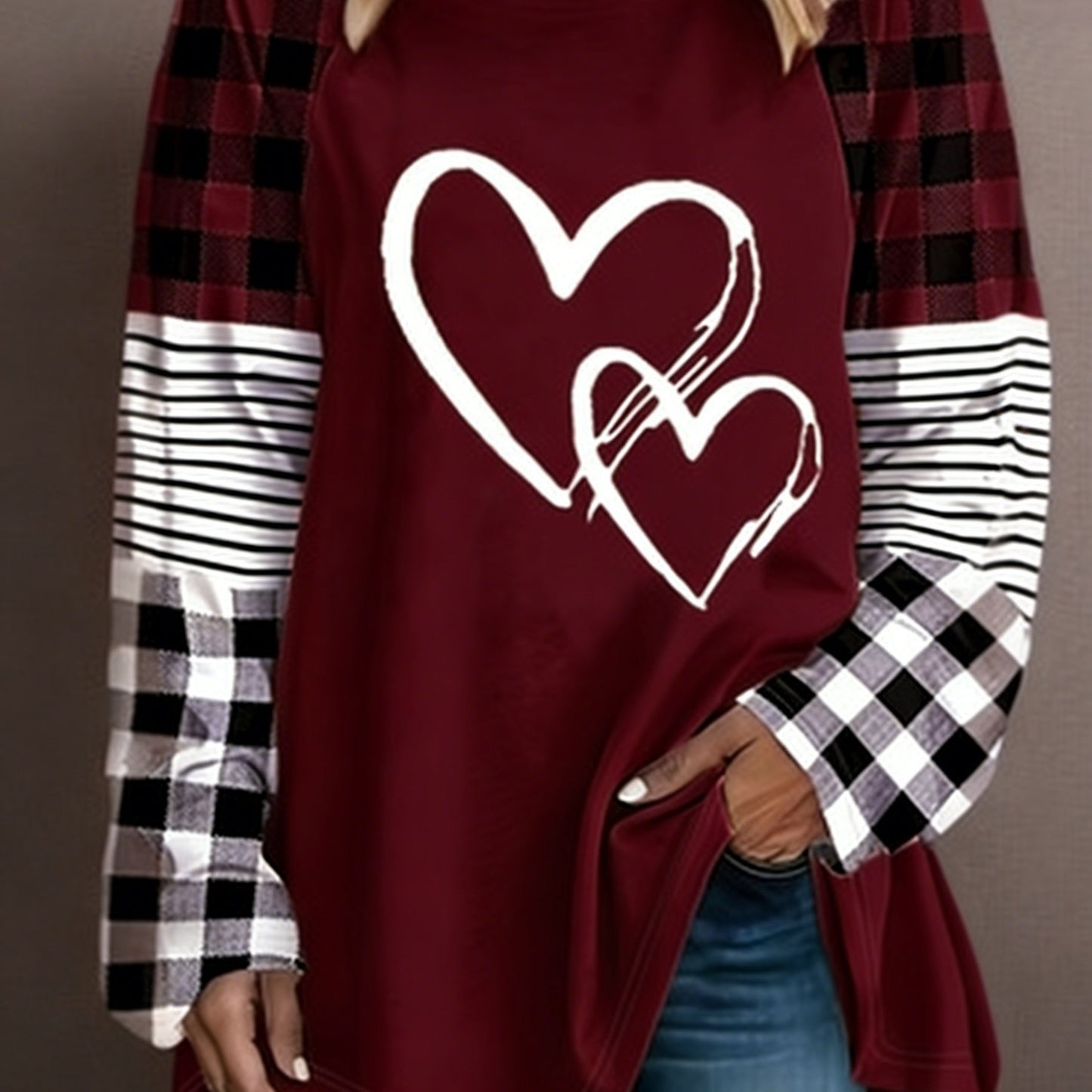 Plus Size - Plus Size - A Women'S Casual Long-Sleeve T-Shirt Featuring a Heart-Shaped Design, Made from Fabric, with a Round Neck Style, Part of The Autumn And Winter Collection, Available in Large Loose Sizes from 0XL to 9XL