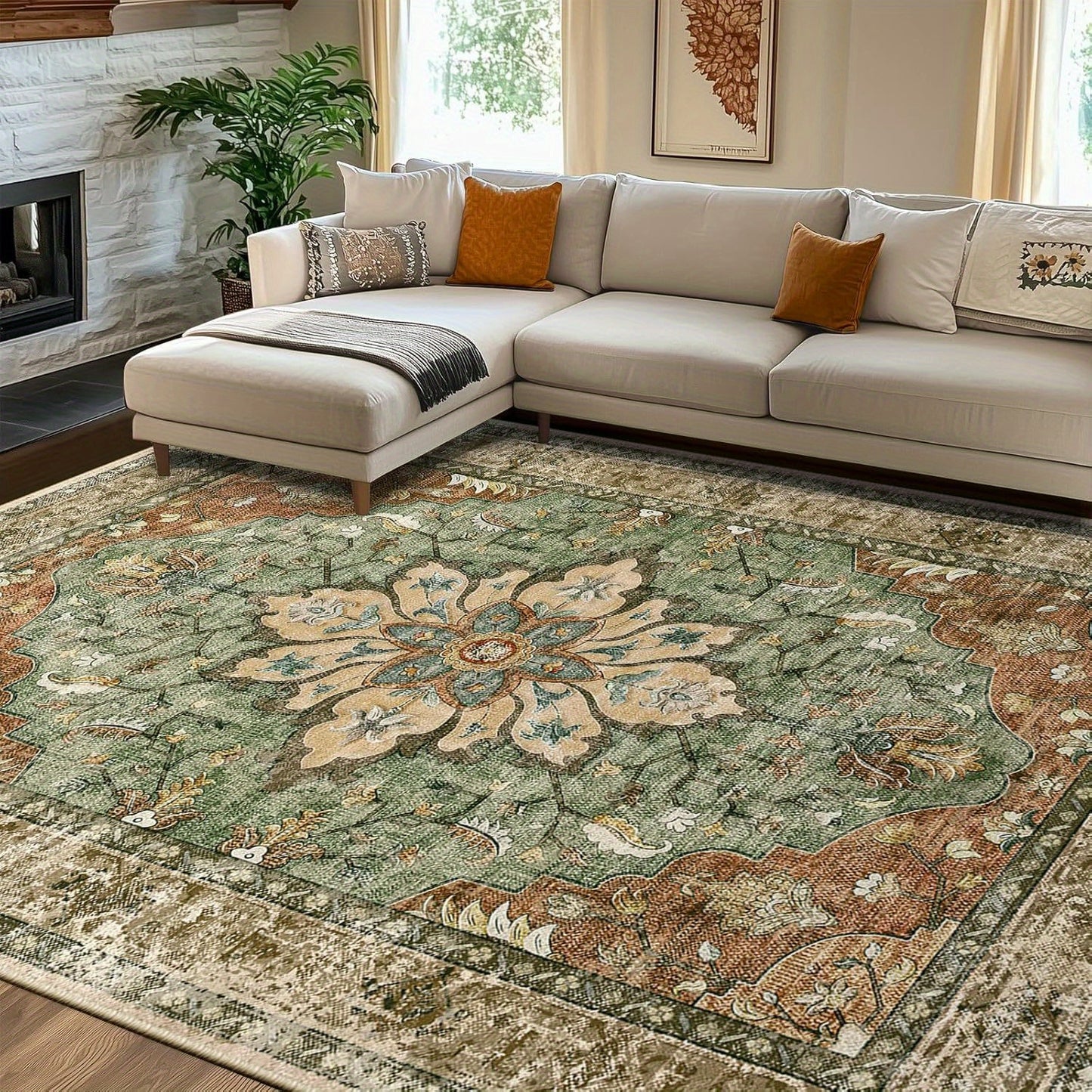 Jumbo Oversized Large Carpet - Extra Wide & Long Luxury Suitable for Living Room Bedroom, Heavy Traffic Areas, Large Spaces - Machine Washable Anti-Slip Retro Flower Print Carpet, Jumbo Sizes Available