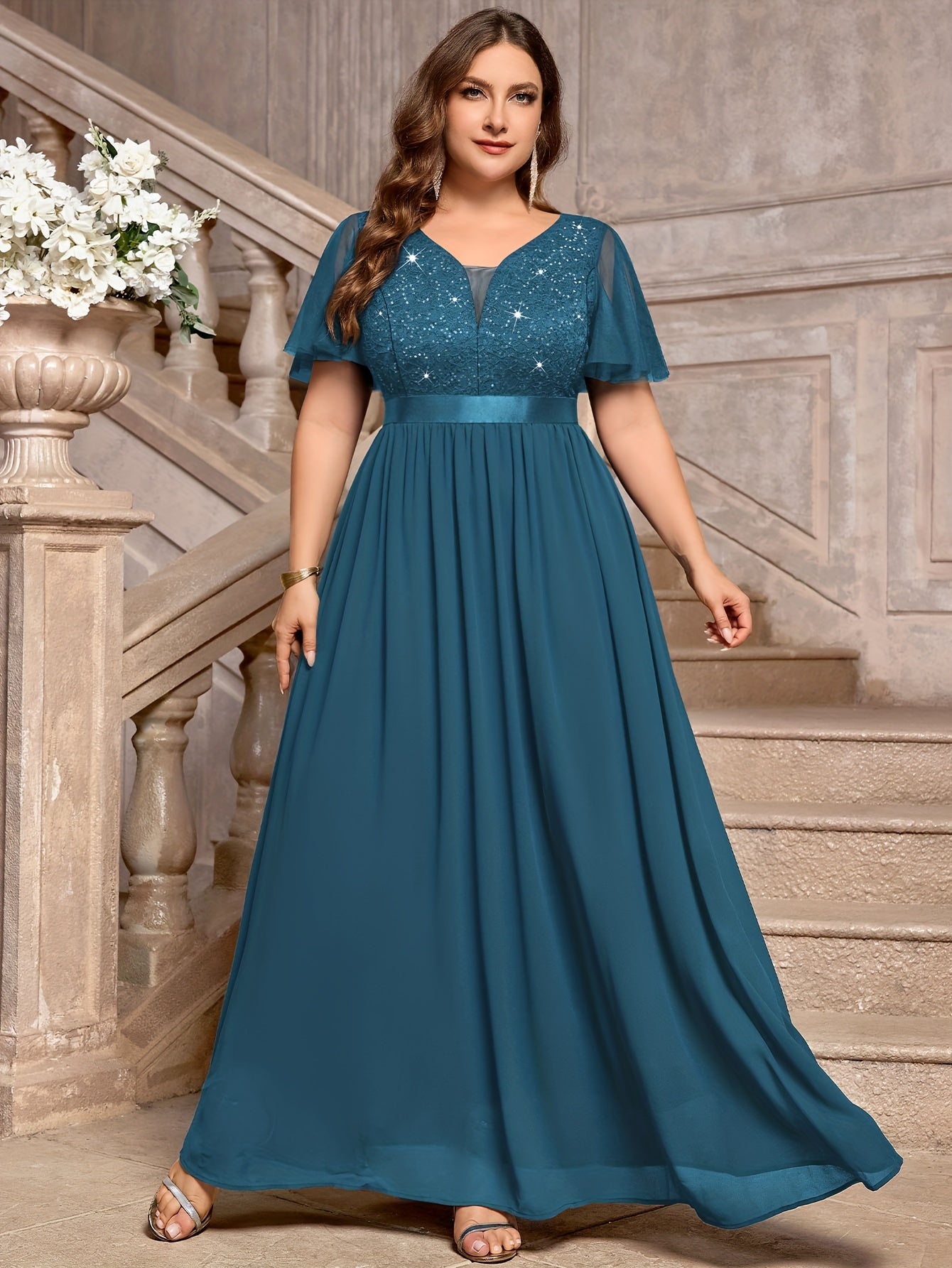 Plus Size - P54385A Elegant Plus Size Sequin Lace Bridesmaid Dress, Sweetheart Neckline With Mesh Ruffle Sleeves, Pleated Chiffon Skirt For Formal Parties, Evenings, Weddings