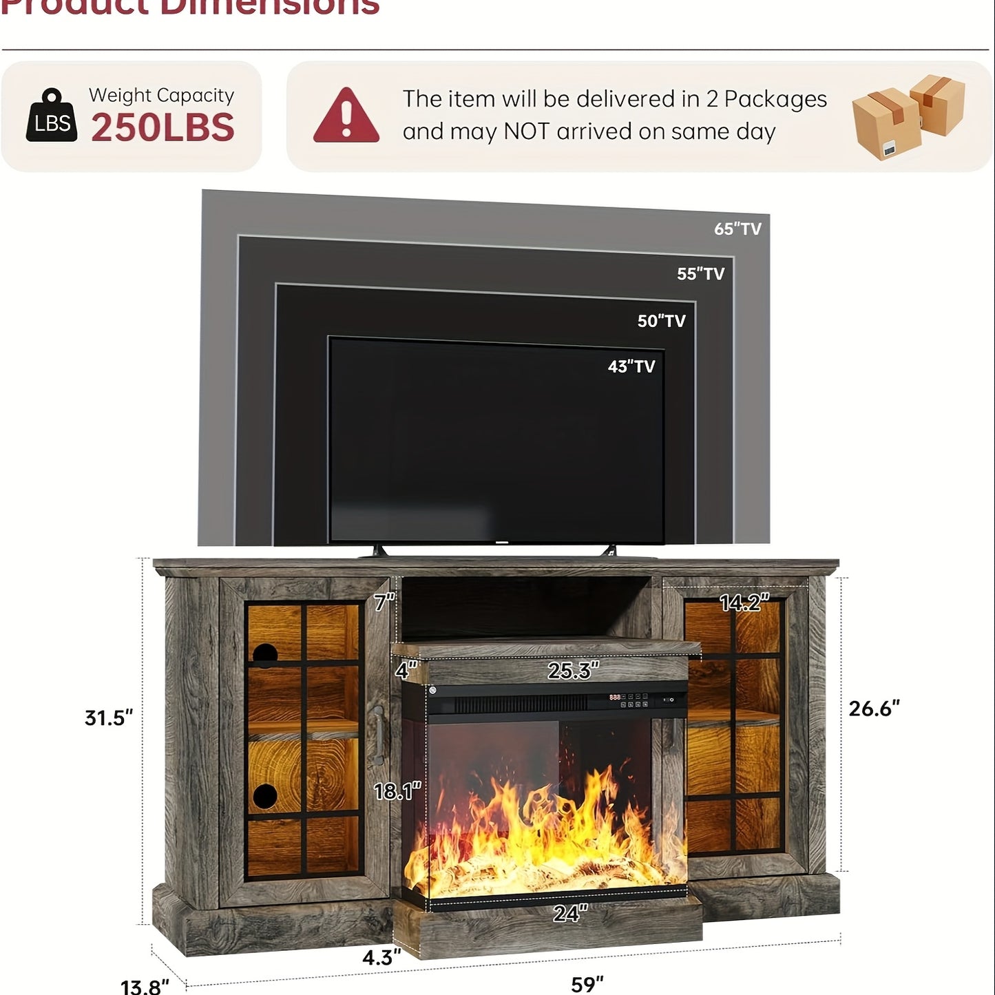 Fireplace TV Stand With 3-Sided Glass: 59'' Media Console For TVs Up To 65'' - Adjustable LED Flame, Glass Door Entertainment Center For Living Room-Grey