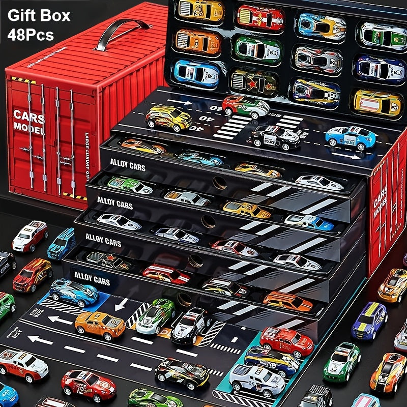 24pcs / 48pcs Pull-Back Racing Car Model Set | Various Iron Alloy Simulation Racing Include Map, Parking Lot, And Four-Story Garage | Gift Box Collector'S Edition with Rich Interactive Experience | Ideal for Christmas, Birthd
