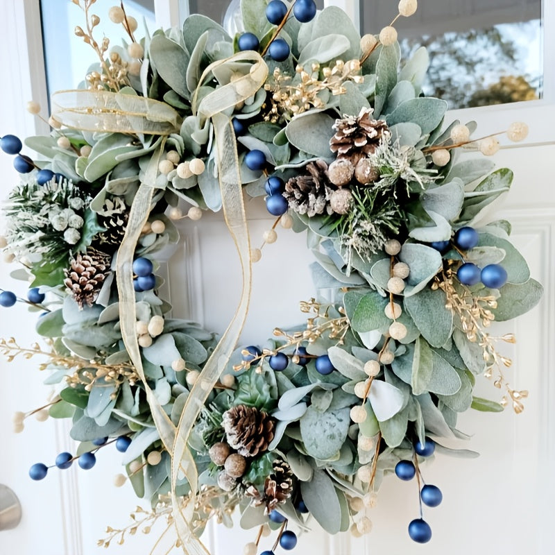 16-Inch Blue Eucalyptus Wreath with Golden Sheep Ears & Pine Cones - Elegant Front Door Decoration, Durable Plastic Faux Foliage for Year-Round Use, Christmas, Halloween, Housewarming Gift - Easy to Hang, No Maintenance Requi
