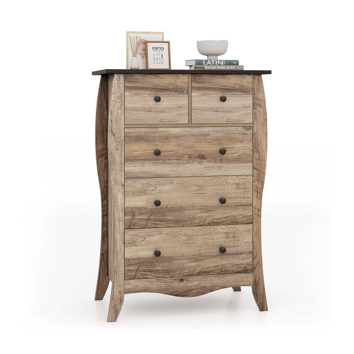 COSTWAY 30" Modern Farmhouse Dresser with 3 Spacious Folding Fabric Drawers - Sturdy Hardwood-like Construction, Anti-Tip Safety System, Freestanding Storage Cabinet with Curved Legs & Knobs, Grey/Brown for Bedroom, Nursery