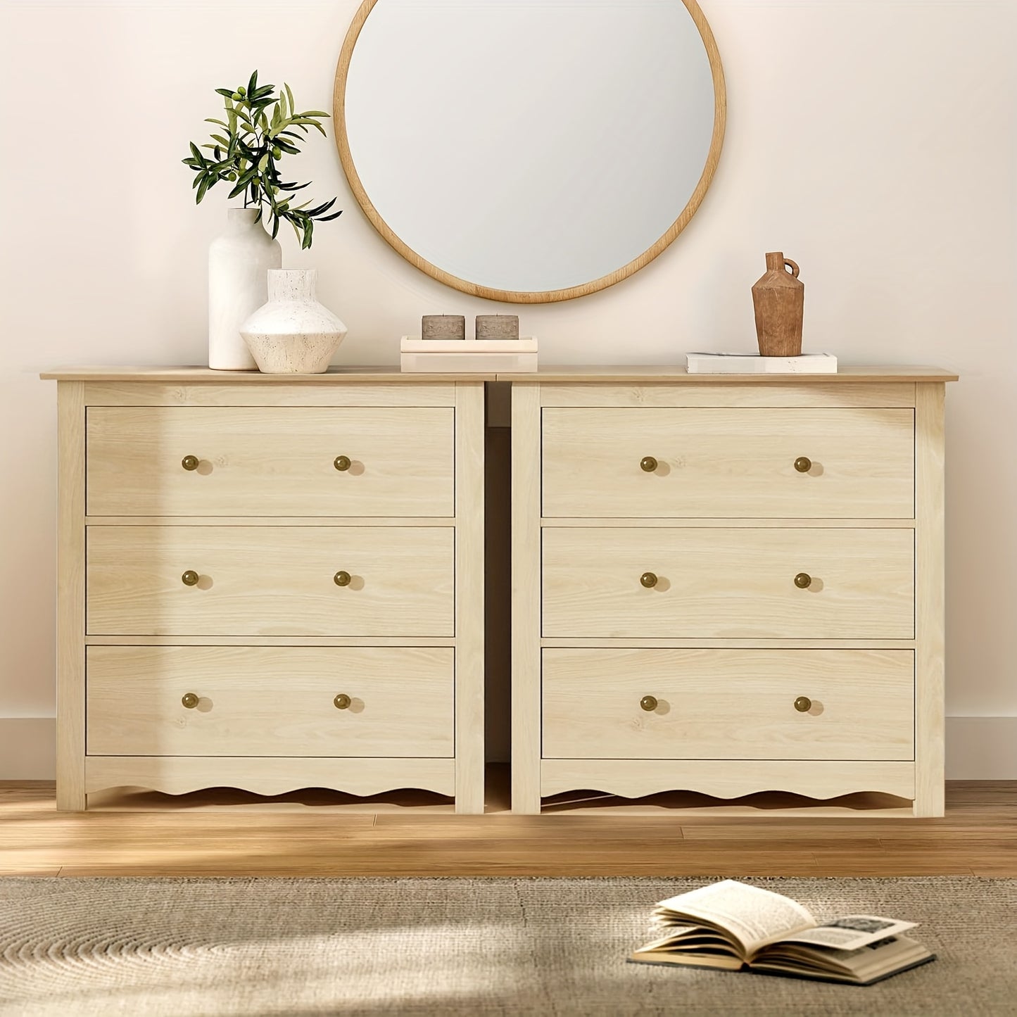 34" Tall Cabinet With 3 Drawers Set Of 2, Mid Century Modern Wooden Dressers Chest Of Drawers With Handles, Waveform Nightstand Dresser, Storage Organizer For Bedroom, Hallway, Living Room, Wood