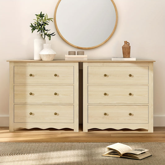 34" Tall Cabinet With 3 Drawers Set Of 2, Mid Century Modern Wooden Dressers Chest Of Drawers With Handles, Waveform Nightstand Dresser, Storage Organizer For Bedroom, Hallway, Living Room, Wood