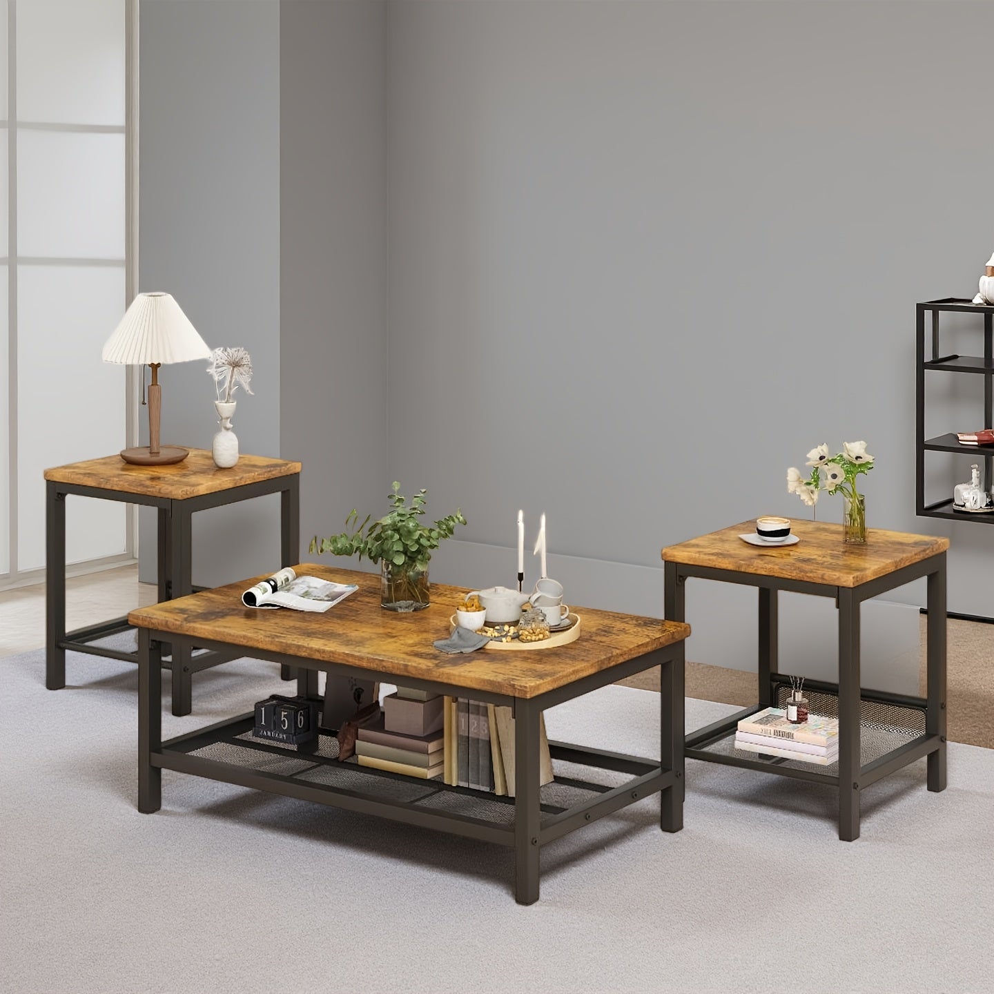 Industrial Coffee Table, Coffee Table Set Of 3 with 2 Square End Side Tables, Faux Marble Coffee Table with Metal Frame for Apartment Home Office, White Black