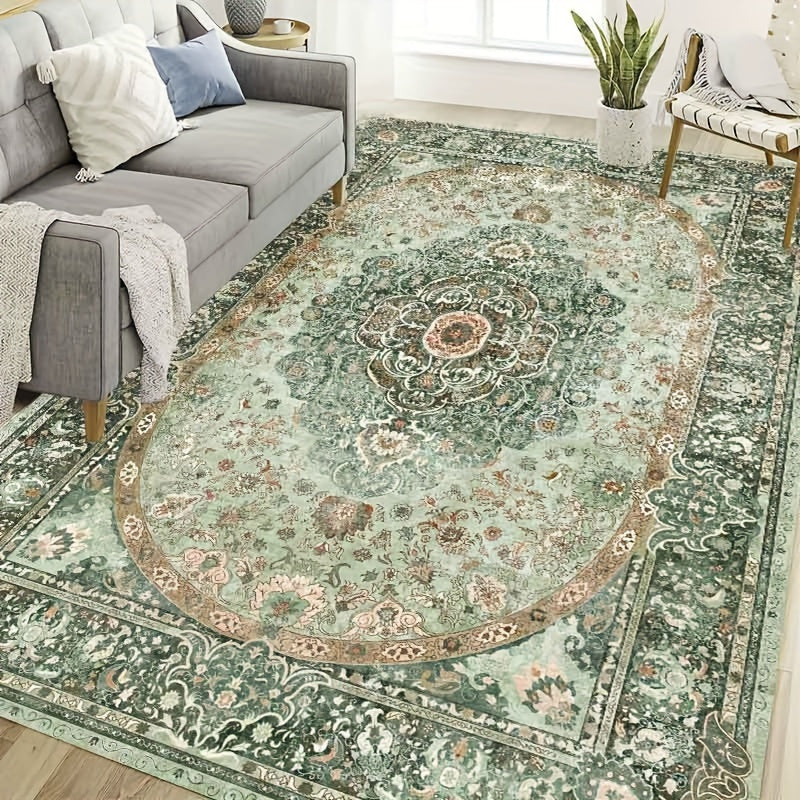 Large Living Room Carpet in Bohemian Style - Imitation Cashmere, Soft, And Washable Mat for Dining Rooms, with Anti-Slip Backing Suitable for Offices And Bedrooms. Ideal for Home Decoration, Including Green Bathroom Rugs