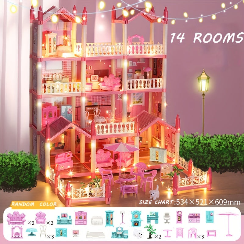 Doll House, Dollhouse for Girls Pretend-Play DIY Dollhouse Kit - 4-Story 11 Rooms Playhouse with 4 Dolls Toy Figures, Furniture And Accessories Set Gift Toy for Kids Ages 3 4 5 6 7 8+