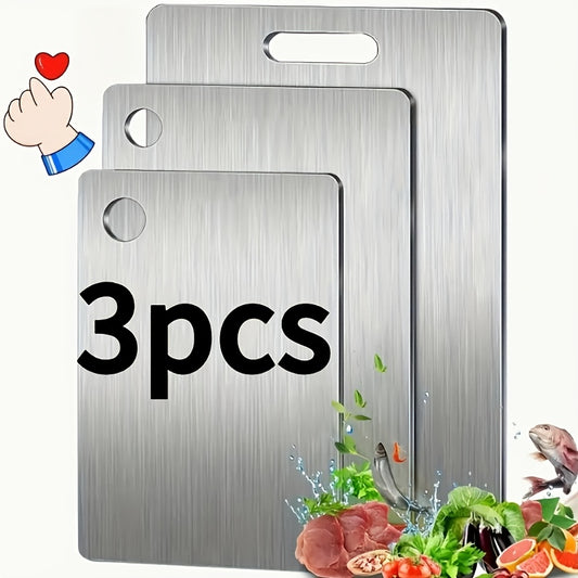 3pcs Heavy-Duty Stainless Steel Chopping Board Set with Non-Porous Surface & Ergonomic Handle - Space-Saving Design, Rustproof & BPA-Free - Induction-Safe (No Electricity Required) - Easy-Clean Kitchen Boards for Meat, Vegeta
