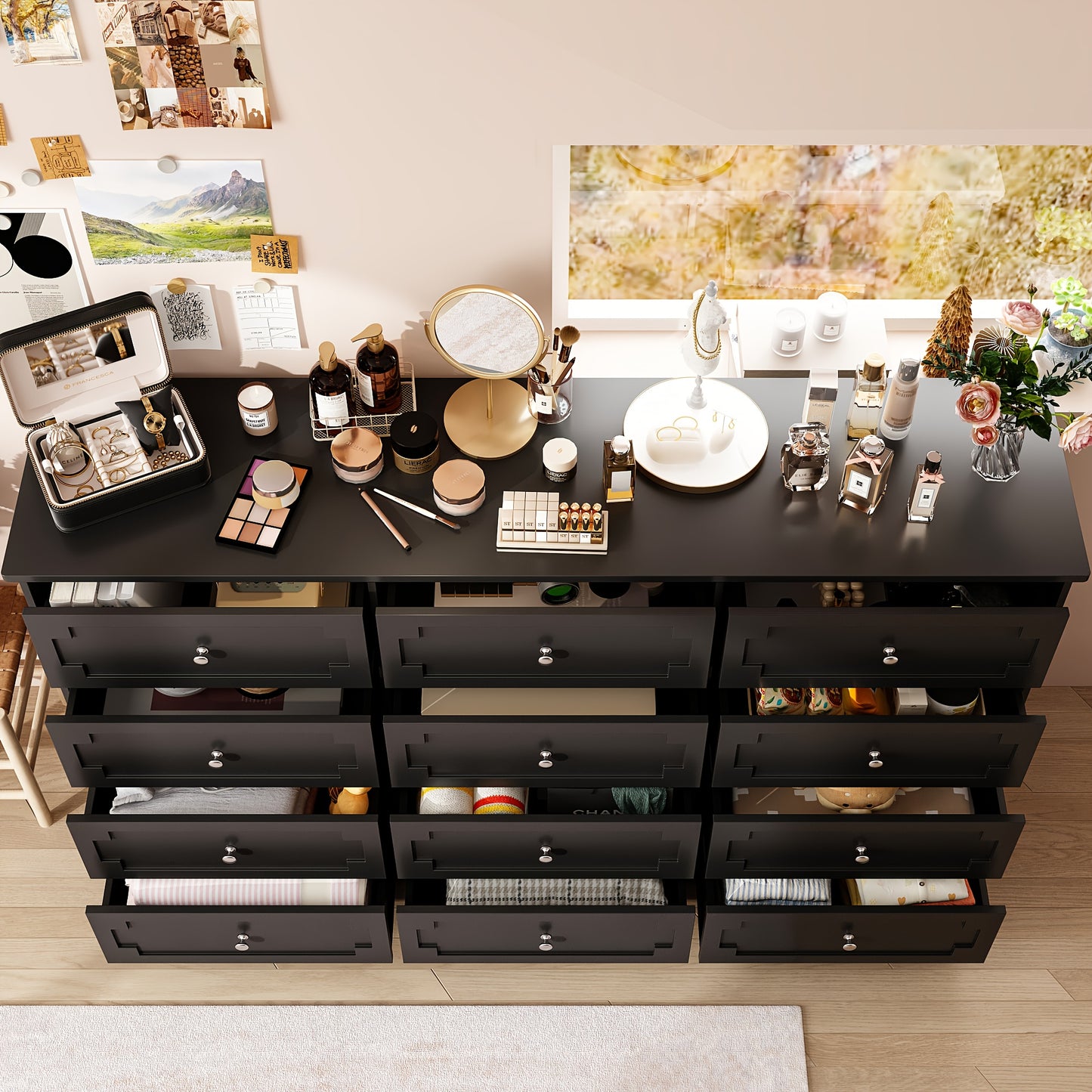 12-Drawer Double Dresser Storage Box, 61'' W Modern Wooden Chest Of Drawers with Handles, Deep Drawers, for Living Room, Bedroom, Hallway, Large Storage Space, Black
