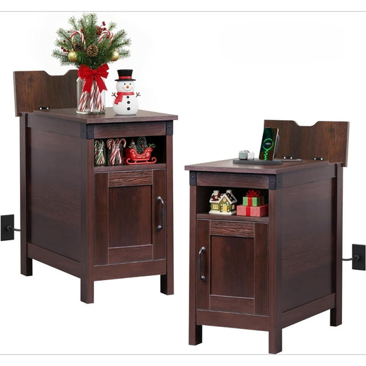 2pcs Narrow End Table with Charging Station & Storage - /Plywood Modern USB- Outlets Suitable for Small Spaces, Wood Nightstand, Side Table for Bed, Couch, Living Room, Assembly Required with Plug Voltage