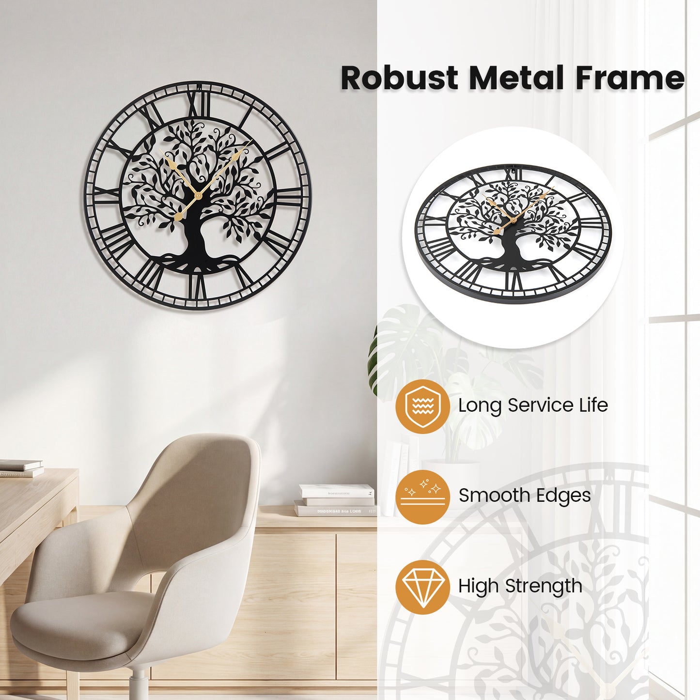 Large Wall Clock, 27” Tree of Life Big Metal Clock, Non-Ticking Decorative Clock