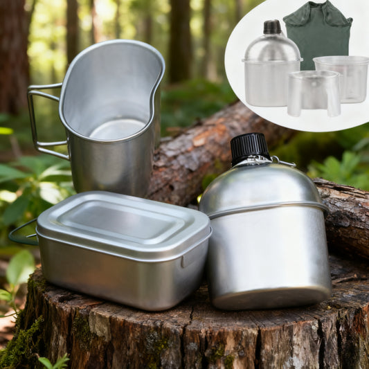 4pcs Heavy-Duty Military-Grade Outdoor Cooking Set with Lockable Canteen System & Portable Mess Kit - Survival Gear, Hiking & Backpacking Cook Kit, Heavy-Duty Stainless, Nylon Pouch & Lock (Compatible with 1 Qt Canteen) - No