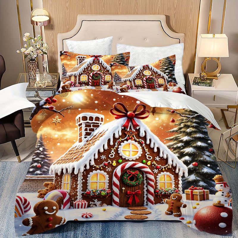 3pcs Christmas Gingerbread House Duvet Cover, Winter Holiday Bedding with Pillowcases, Xmas Snow Scene Quilt, Festive Bedroom Decor, Soft Microfiber Fabric 1 Duvet Cover+2 Pillowcases,  Holiday Theme, Cozy Winter Decor, Highq