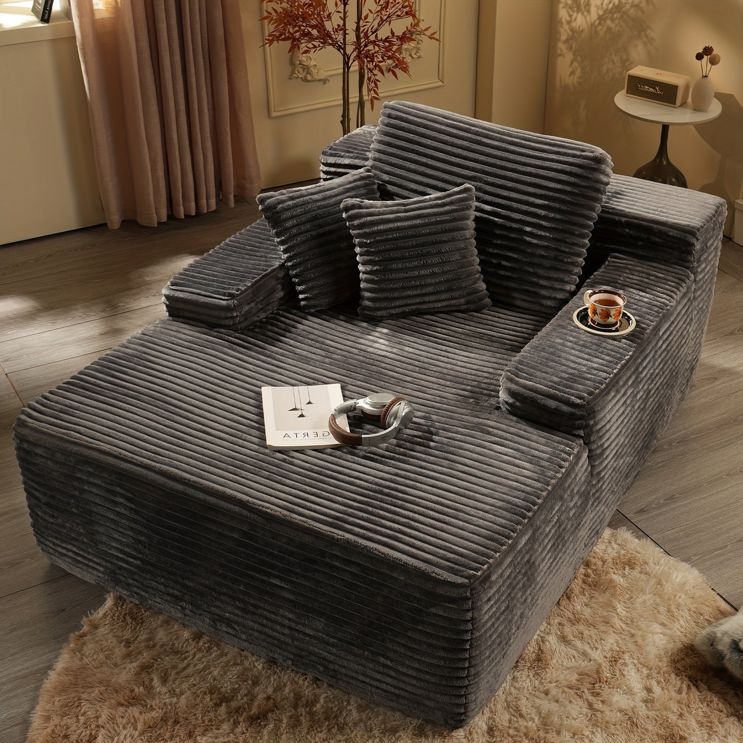 67" Oversized Boneless Lounge Chaise - Corduroy/Plush Fabric/Teddy Fleece Floor Couch with Pillows And Armrests | Deep Seat Single Sofa Bed with High Density Sponge Cushion | U Sleeper Couch for Living Room, Apartment, Bedroo