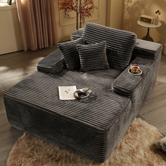 67" Oversized Boneless Lounge Chaise - Corduroy/Plush Fabric/Teddy Fleece Floor Couch with Pillows And Armrests | Deep Seat Single Sofa Bed with High Density Sponge Cushion | U Sleeper Couch for Living Room, Apartment, Bedroo