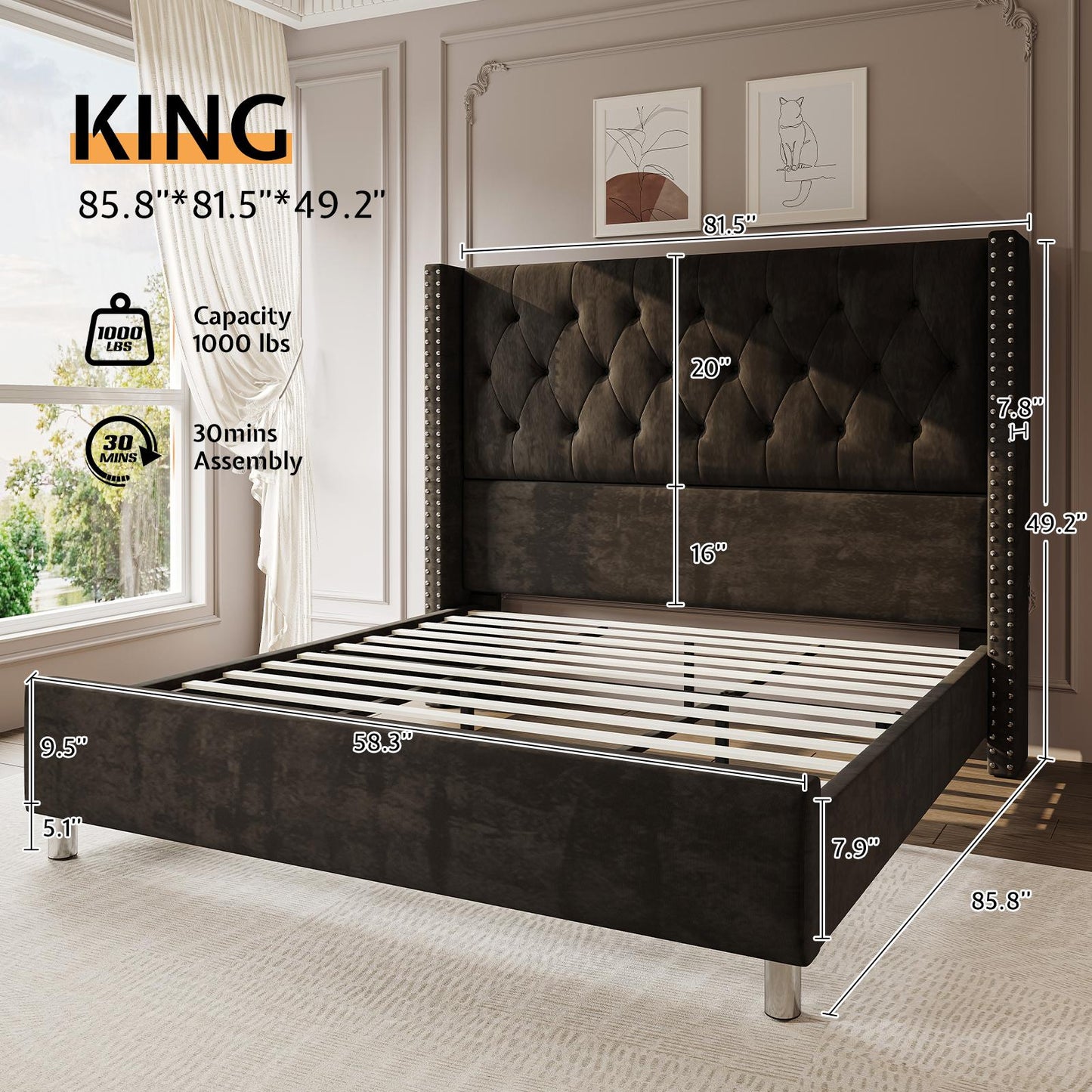 ALBOTT Modern Luxury Queen/King Size Upholstered Platform Bed Frame with 50" Tall Wingback Headboard - Dark Brown/Black Velvet, Button Tufted & Nailhead Trim, Sturdy, No Box Spring, Easy Assembly (Queen/King