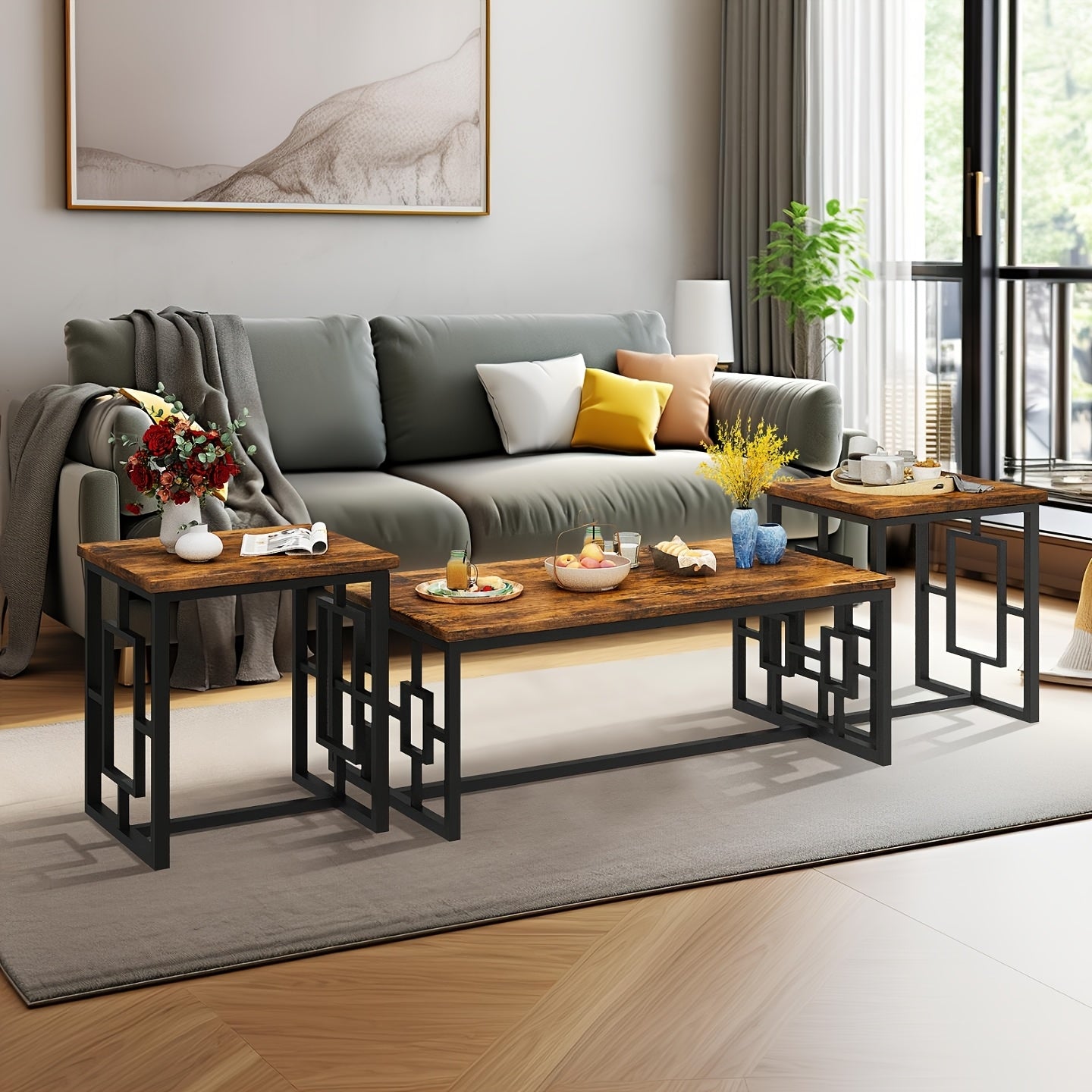 3pcs Living Room Coffee Side Table Set, Mid-Century Modern Coffee Table Set with 2 End Table for Small Space, Space-Saving Side Table Set with MDF Broad & Metal Frame for Living Room, Dining Room, Bedroom, Brown