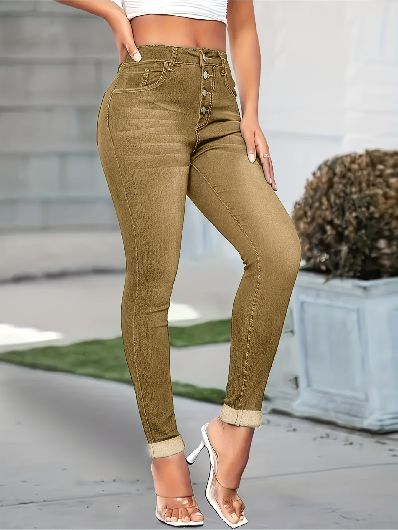 Women'S 2025 New Style Multi-Button Slim-Fit Stretch Denim Jeans - Plus Size Washed Jeans with Belt Loops & Zipper Closure, All-Season Comfort, Classic Five-Pocket Design, Casual to Semi-Formal Wear, Streetwear Style (No Fray