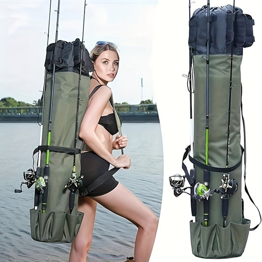 1pc Heavy-Duty Fishing Rod Bag with Drawstring Closure - Large Capacity Fishing Rod Case, Reinforced Corners & Side Pockets, Olive Green (Khaki) for Freshwater/Saltwater, Ideal for Fishing, Camping, Travel - Durable Fishing G