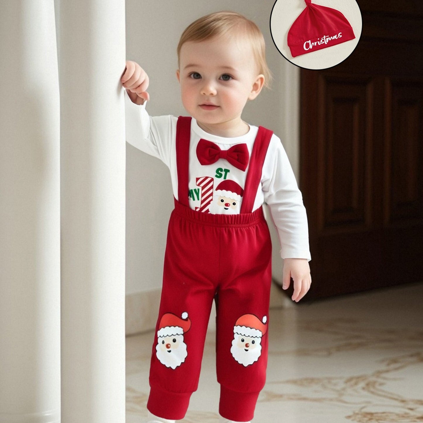 Newborn Baby Boy Fall Winter Christmas Letter Long Sleeve Round Neck Romper Elastic Waist Overall Pants with Hat Outfits, Perfect for Outdoor