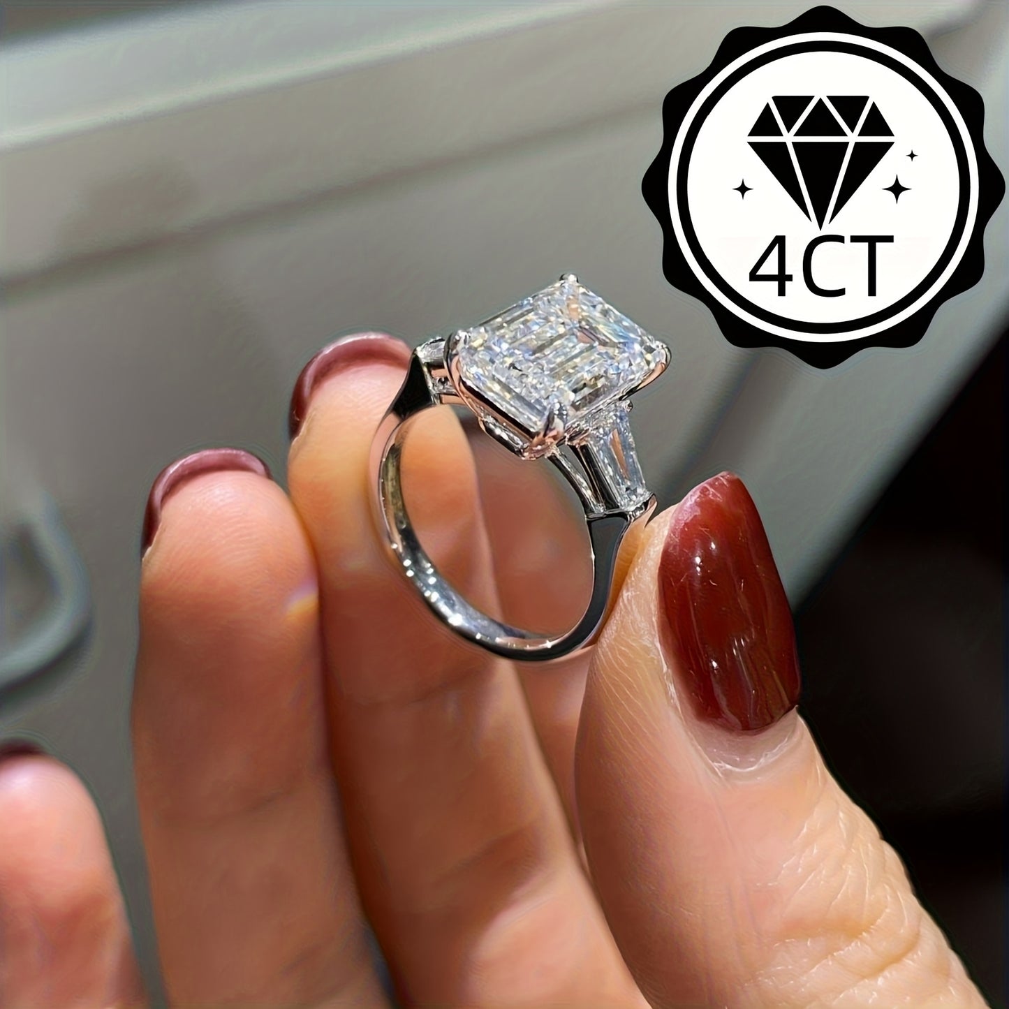 Moissanite S925 Premier League Silvery Ring, 8*10mm 4 Quart Square Diamond Ring, Luxurious Elegant and Beautiful Jewelry, Proposal Ring with Gift Box, as a Gift for Your Mother, for Her, Birthday, perfect for Wedding and Anni