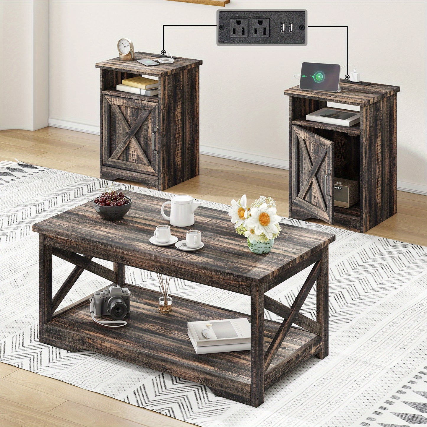 ALBOTT 3pcs Farmhouse Table Set Includes Coffee Table And Two End Tables Side Table with Charging Station And USB Ports for Living Space