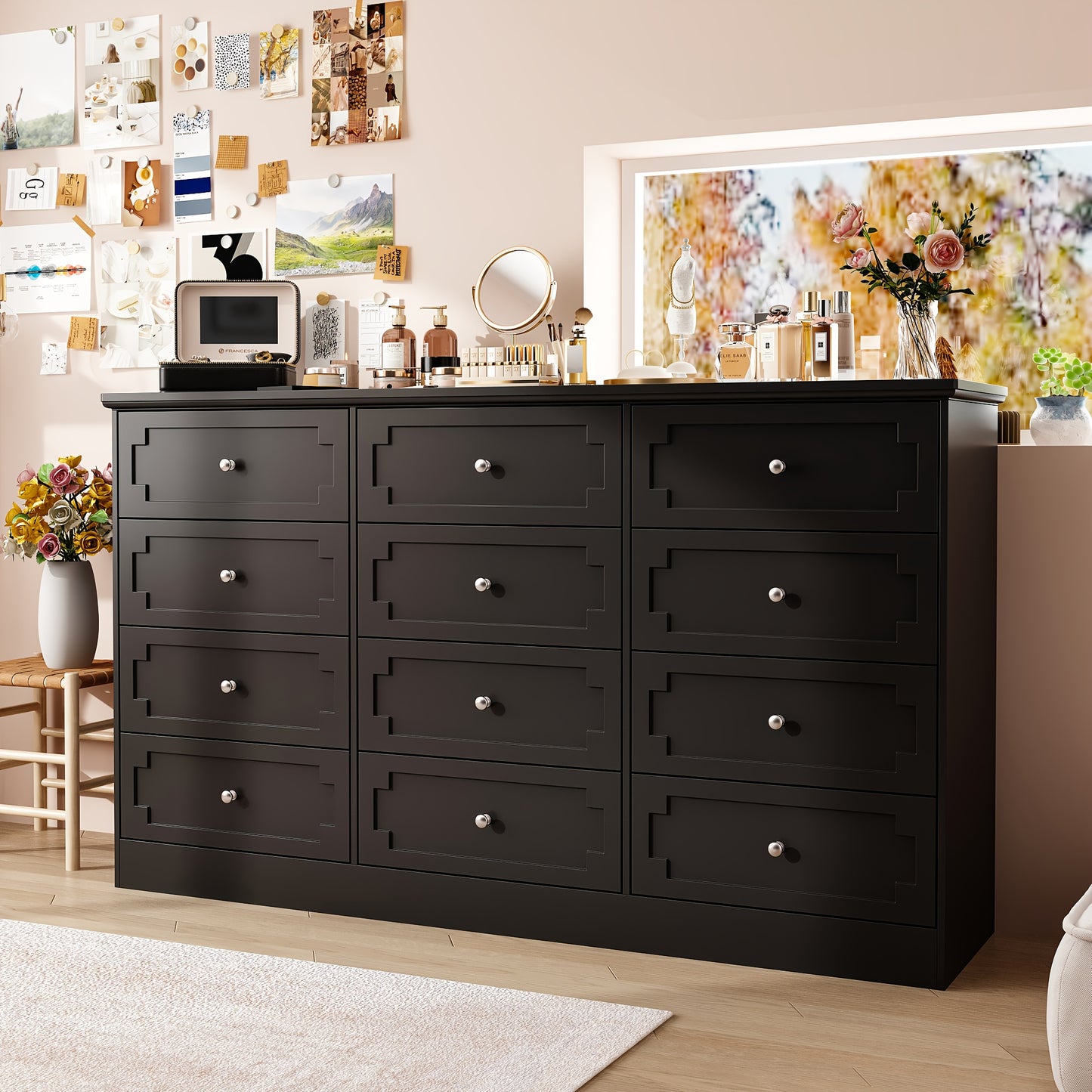 12-Drawer Double Dresser Storage Box, 61'' W Modern Wooden Chest Of Drawers with Handles, Deep Drawers, for Living Room, Bedroom, Hallway, Large Storage Space, Black