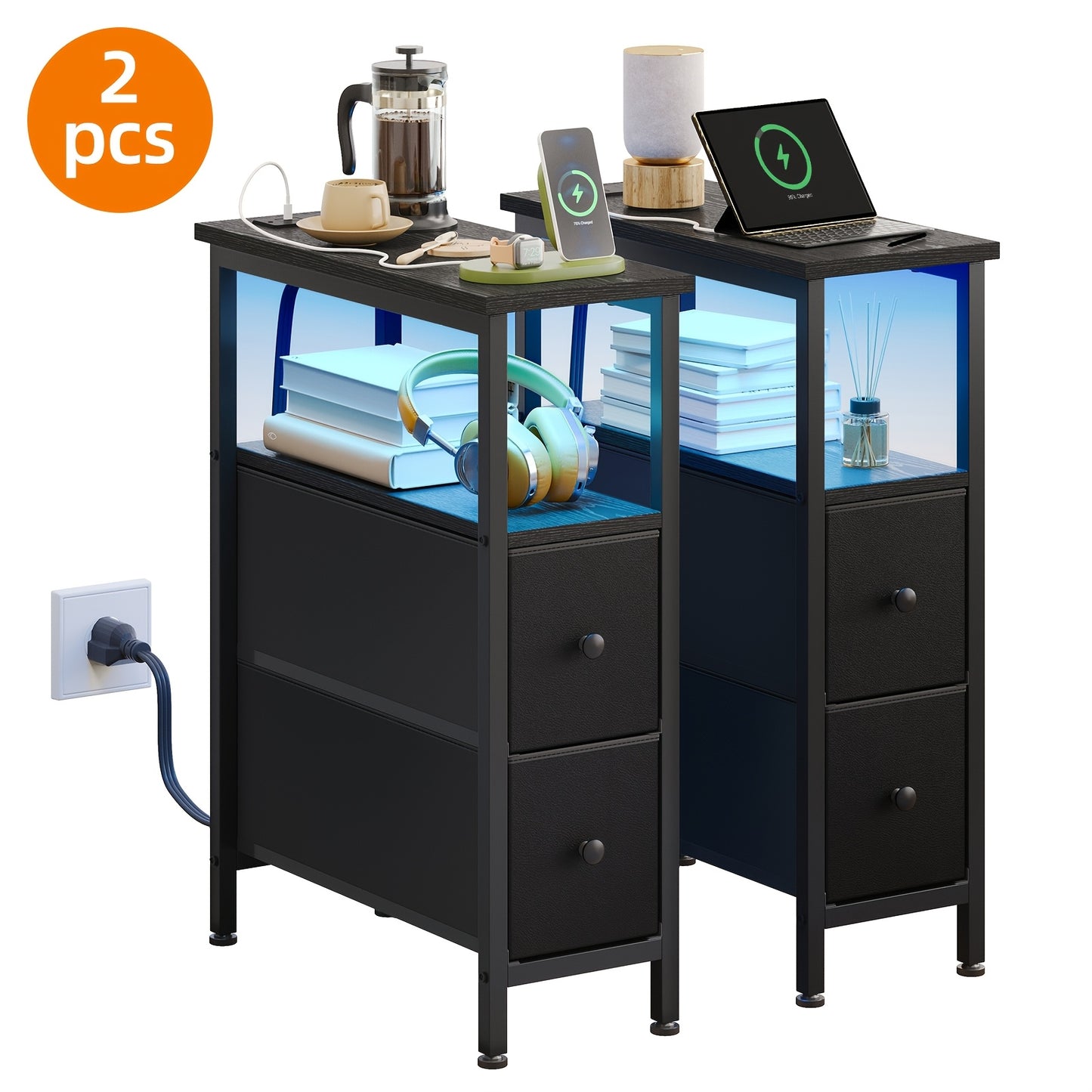 WHONLINE 1pc/2pcs Narrow Night Stand With Charging Station, End Table, Narrow Side Table With 1/2 Fabric Drawers, Skinny Nightstand With Storage, For Living Room, Small Spaces, School And Dormitory Storage, Brown And Black, F