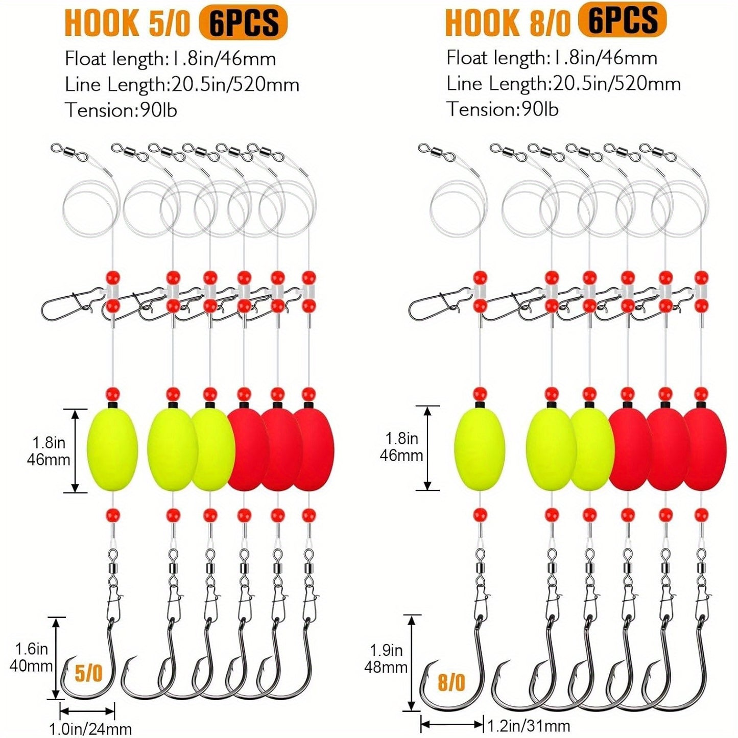 Dovesun 6pcs Surf Fishing Rigs - 20.5" Pre-Rigged Fish Finder Rig with 5/0 8/0 Circle Hooks & Fishing Float, 90LB Saltwater Fishing Gear Wind Resistant Fishing Tackle for Carolina Rig for Shark, Catfish, Bass, Idea Christmas