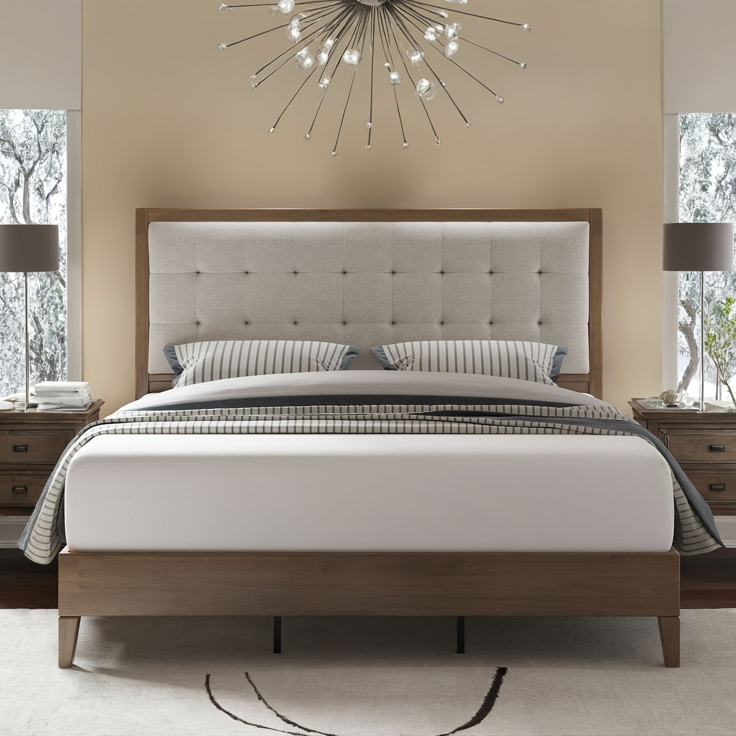 LUXOAK Wood Platform Bed with Upholstered Tufted Headboard, Box Spring-Free, Sturdy Solid Wood Frame
