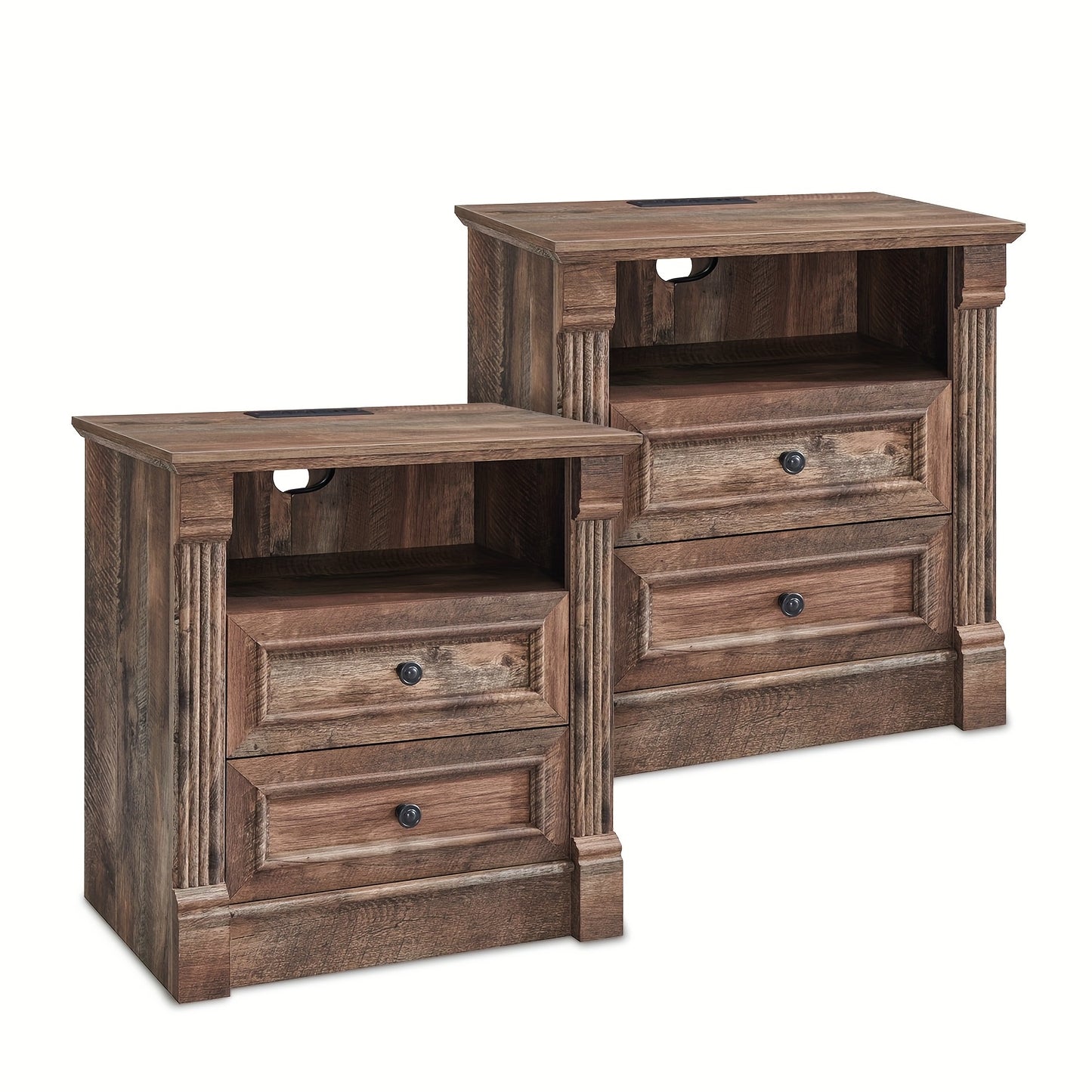 Set of Two 26-Inch Tall Farmhouse Nightstands Featuring Two Drawers And a Charging Station, a Large 23.6-Inch Wide Side Table with a Roman Column Design, a Rustic Wooden Sofa Table with an Open Shelf, And a Bedside Table Suit