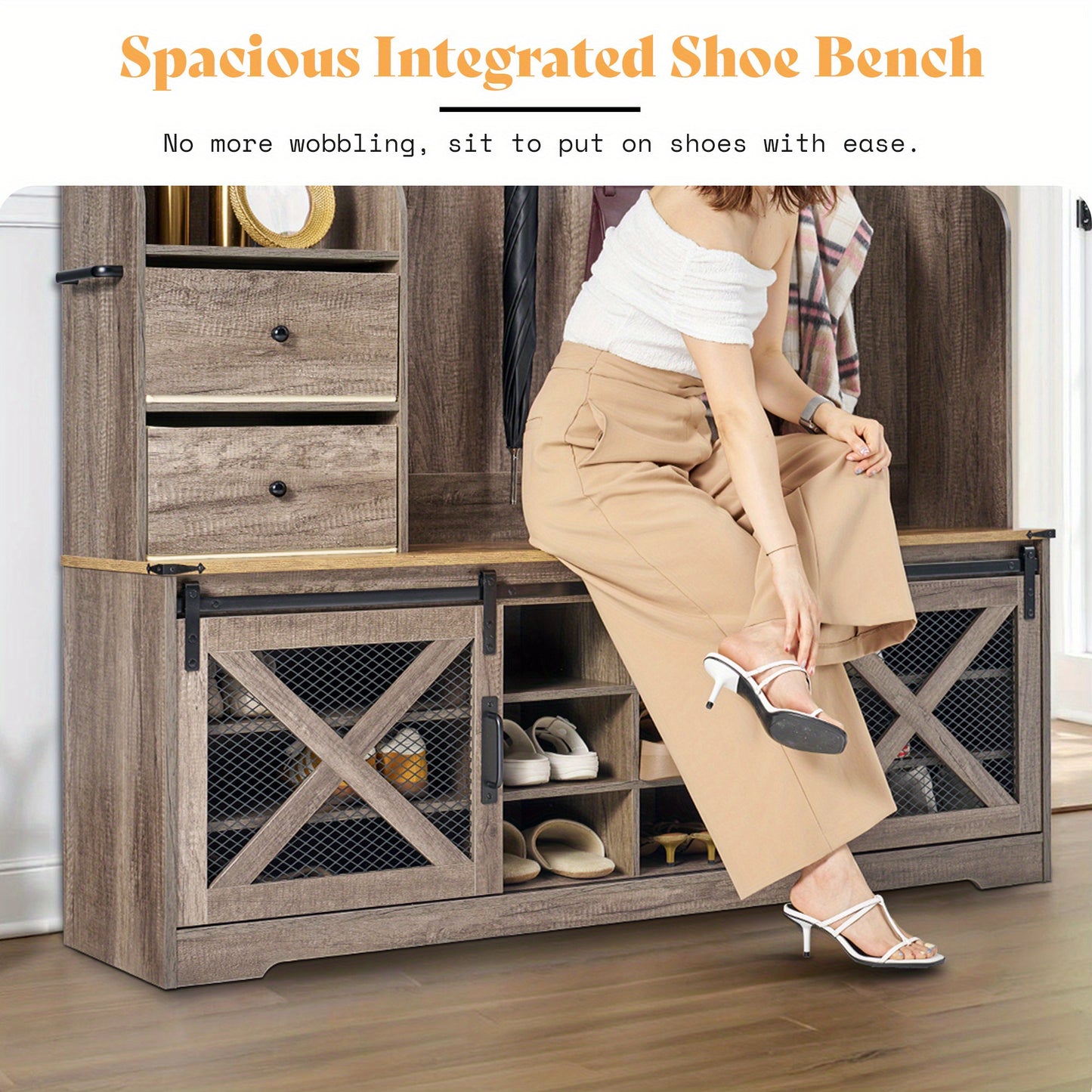 7-in-1 Farmhouse Hall Tree with Bench and Shoe Cabinet, LED Entryway Organizer with Drawers, 12 Shoe Cubbies& Barn Doors, 7 Coat Racks with Shoe Storage