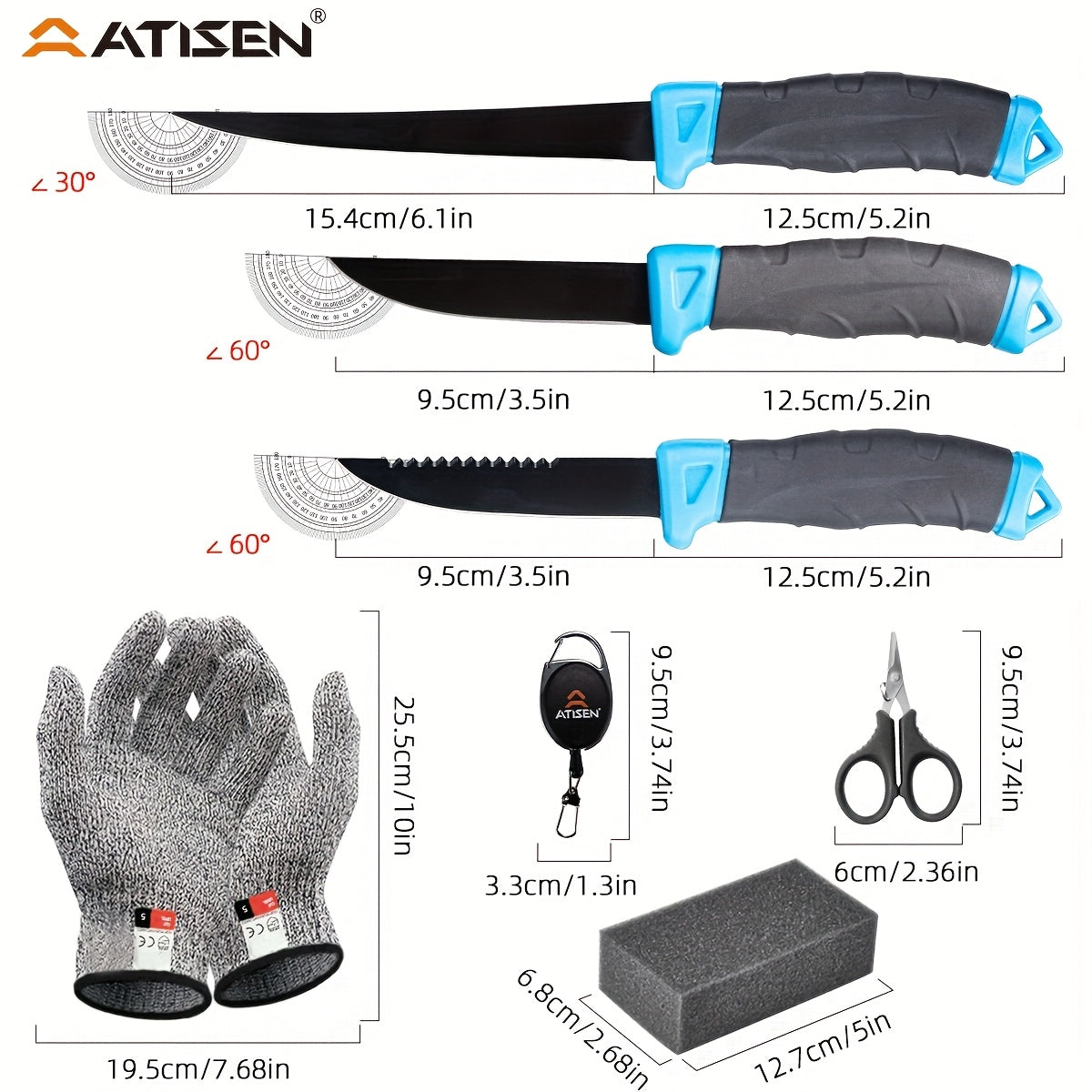 ATISEN 8pcs Fish Horn Knife Set, Fishing Set, Filleting Knife, Cutting Gloves, Cleaning Sponge, Fishing Line Cutter with Stretching Cord Loss Prevention, Wilderness Survival Knife, Outdoor Camping Supplies, Suitable Gifts for