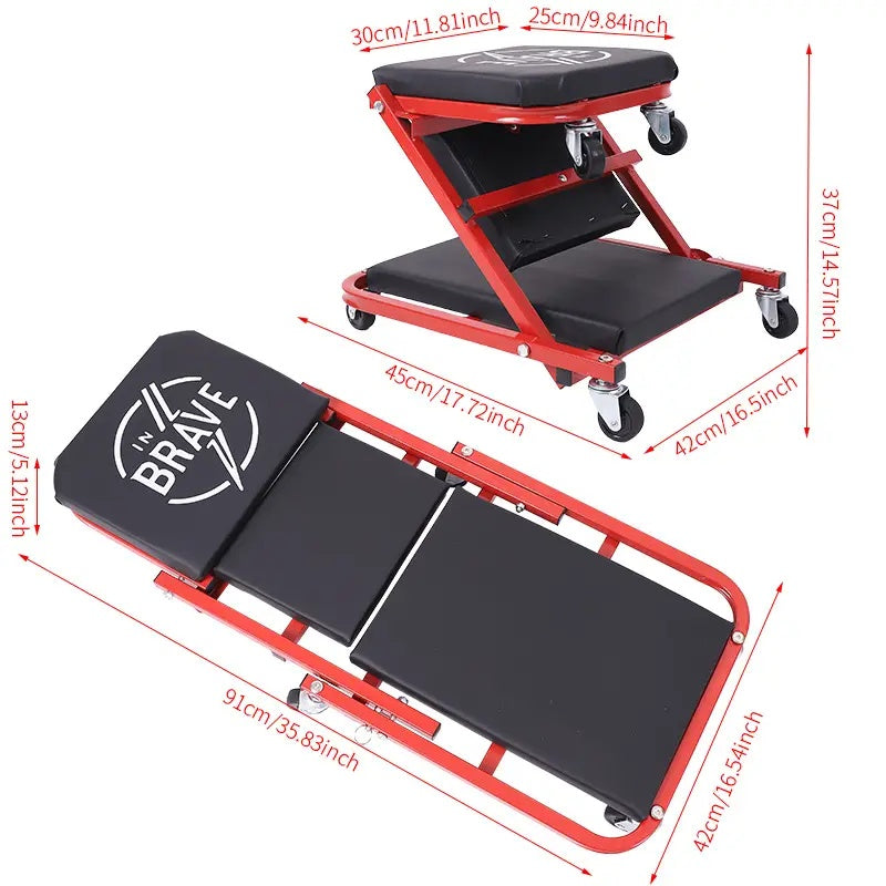 36-Inch Heavy-Duty 3-In-1 Folding Crawler - Professional-Grade Adjustable Z-Seat, 6-Wheel Rollers with Brakes, Can Tilt/Lie Down, 150-450 Lbs Super Load-Bearing, Multi-Function Car Repair Lying Board, Red And Black Color Matc